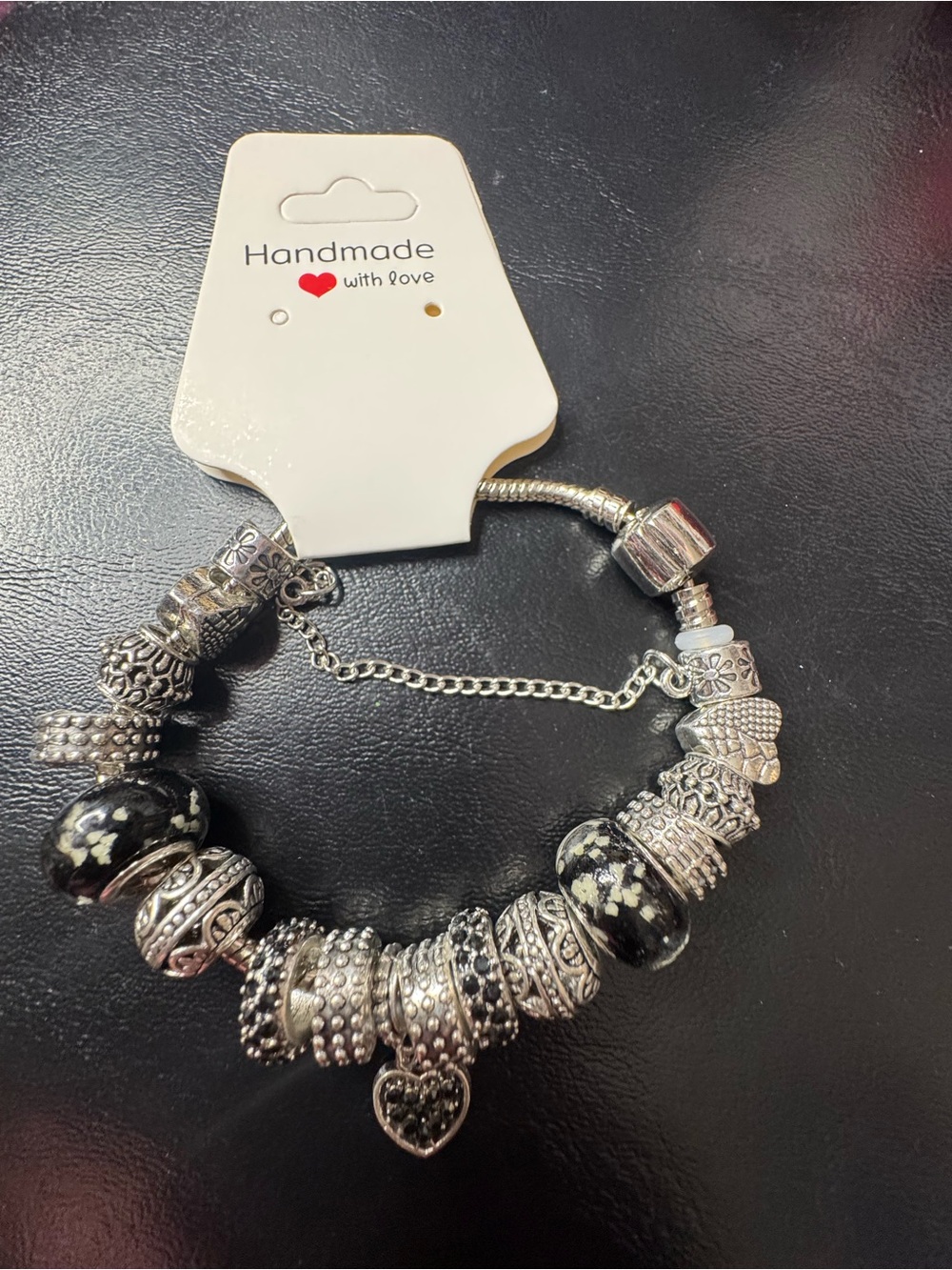 Handmade Silver-Tone Bead Charm Bracelet with Black Glass Beads